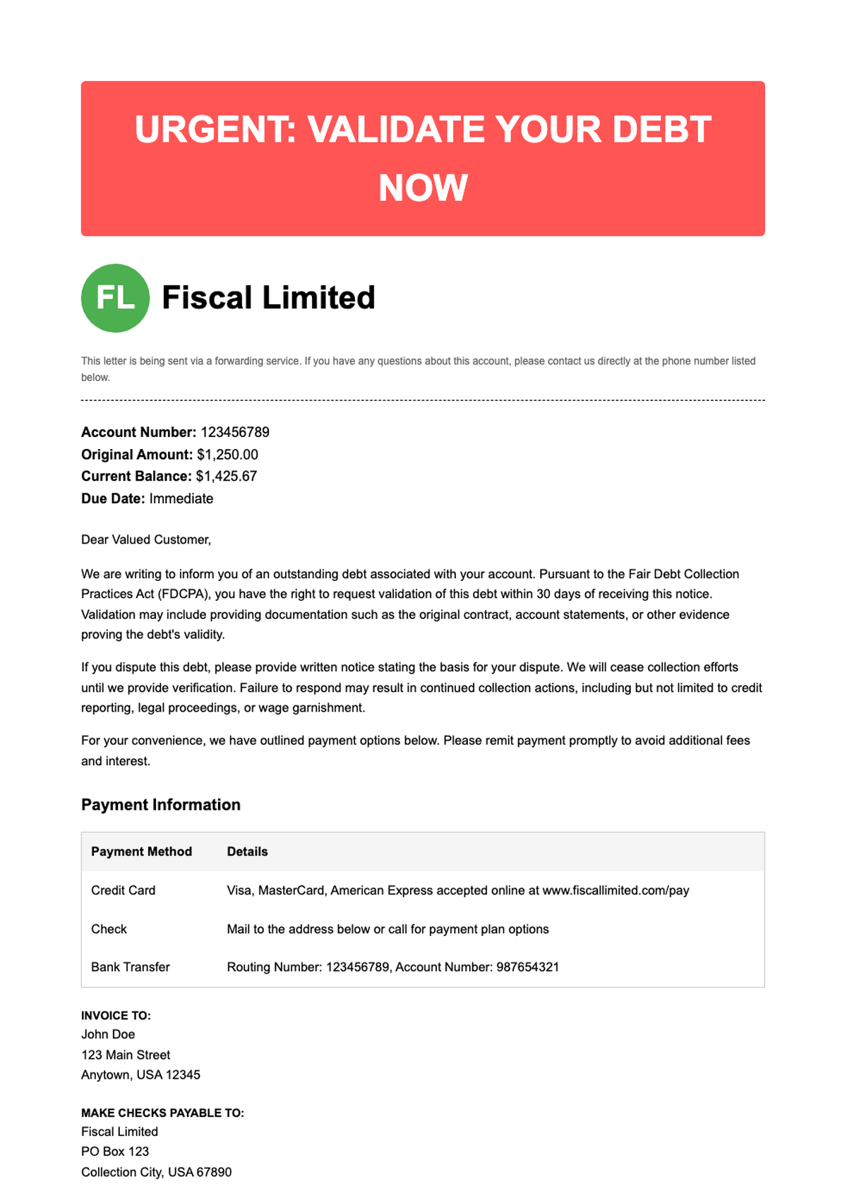 Urgent debt collection notice from Fiscal Limited with payment options and creditor details_variant_1